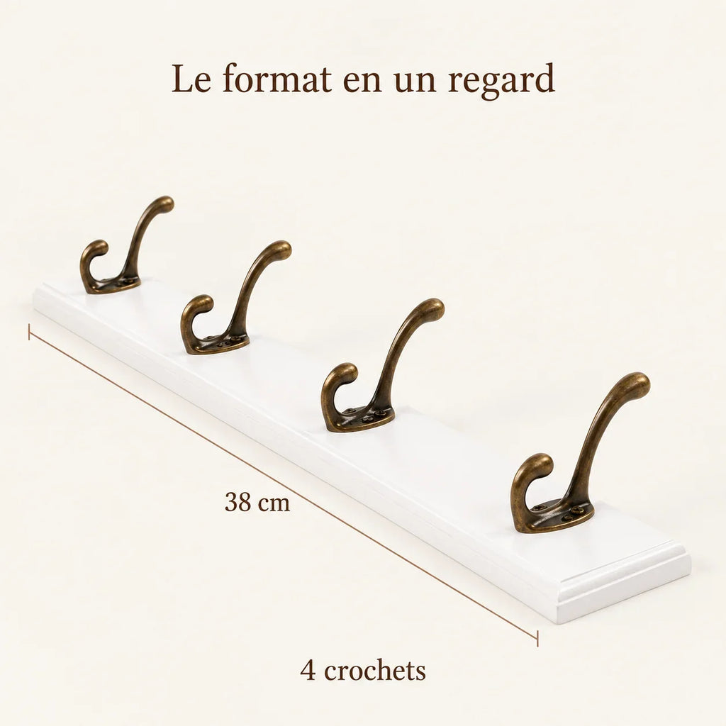Porte-manteau mural en pin blanc, 4 crochets, 38 cm : dimensions