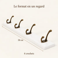 Porte-manteau mural en pin blanc, 4 crochets, 38 cm : dimensions