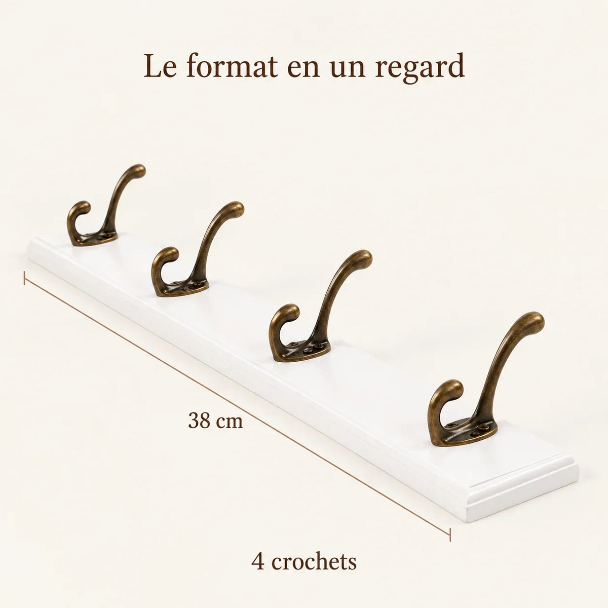 Porte-manteau mural en pin blanc, 4 crochets, 38 cm : dimensions