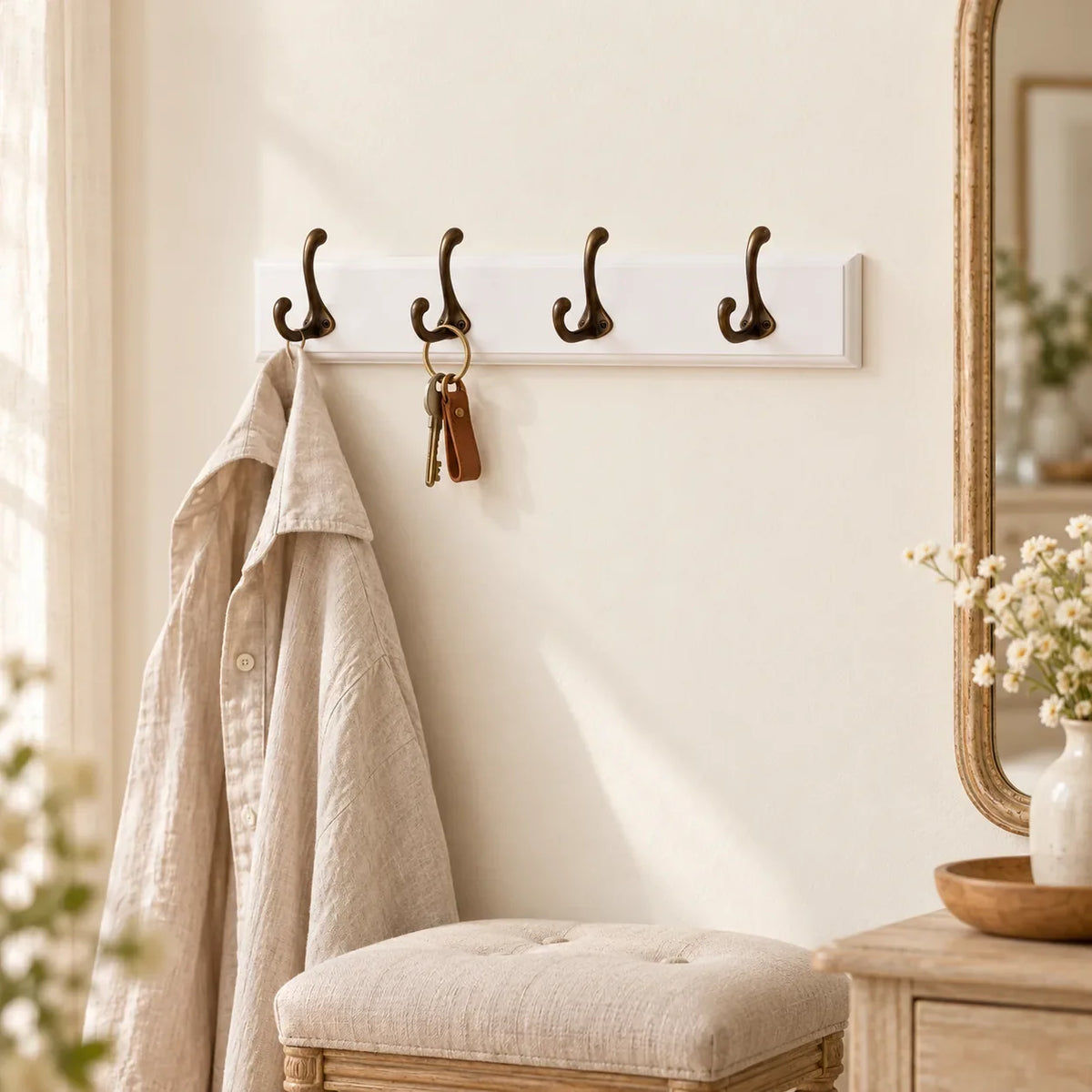 Porte-manteau mural en pin blanc, 4 crochets, 38 cm : chambre
