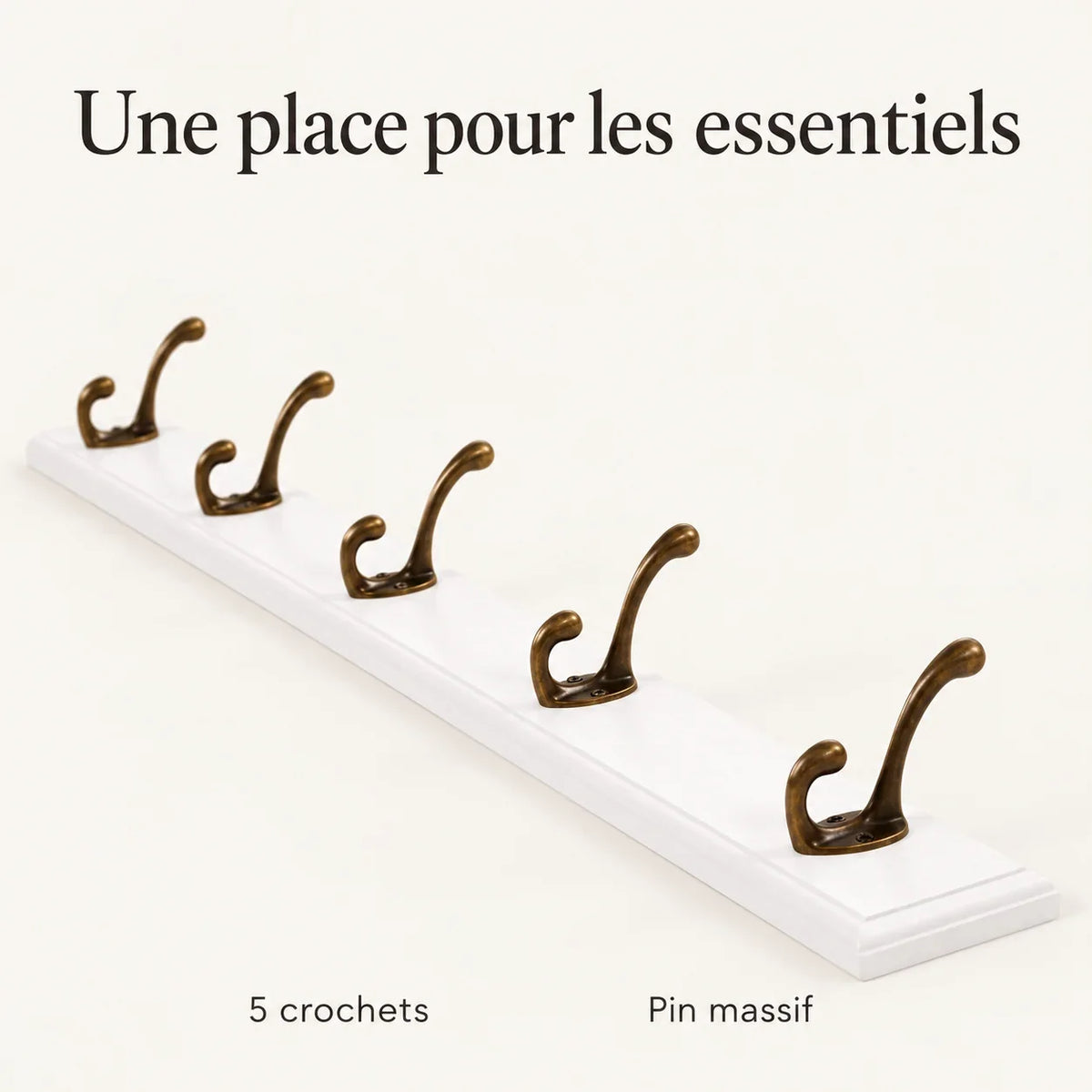 Porte-manteau mural en pin blanc, 5 crochets, 48 cm : caracteristiques