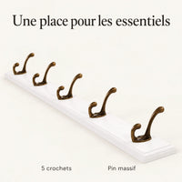 Porte-manteau mural en pin blanc, 5 crochets, 48 cm : caracteristiques