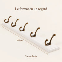 Porte-manteau mural en pin blanc, 5 crochets, 48 cm : dimensions