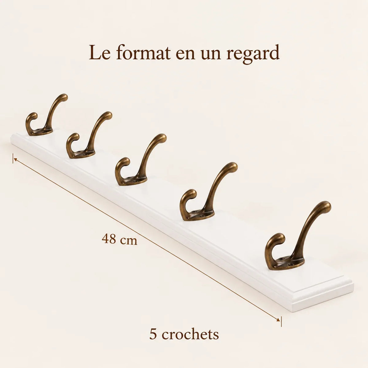 Porte-manteau mural en pin blanc, 5 crochets, 48 cm : dimensions
