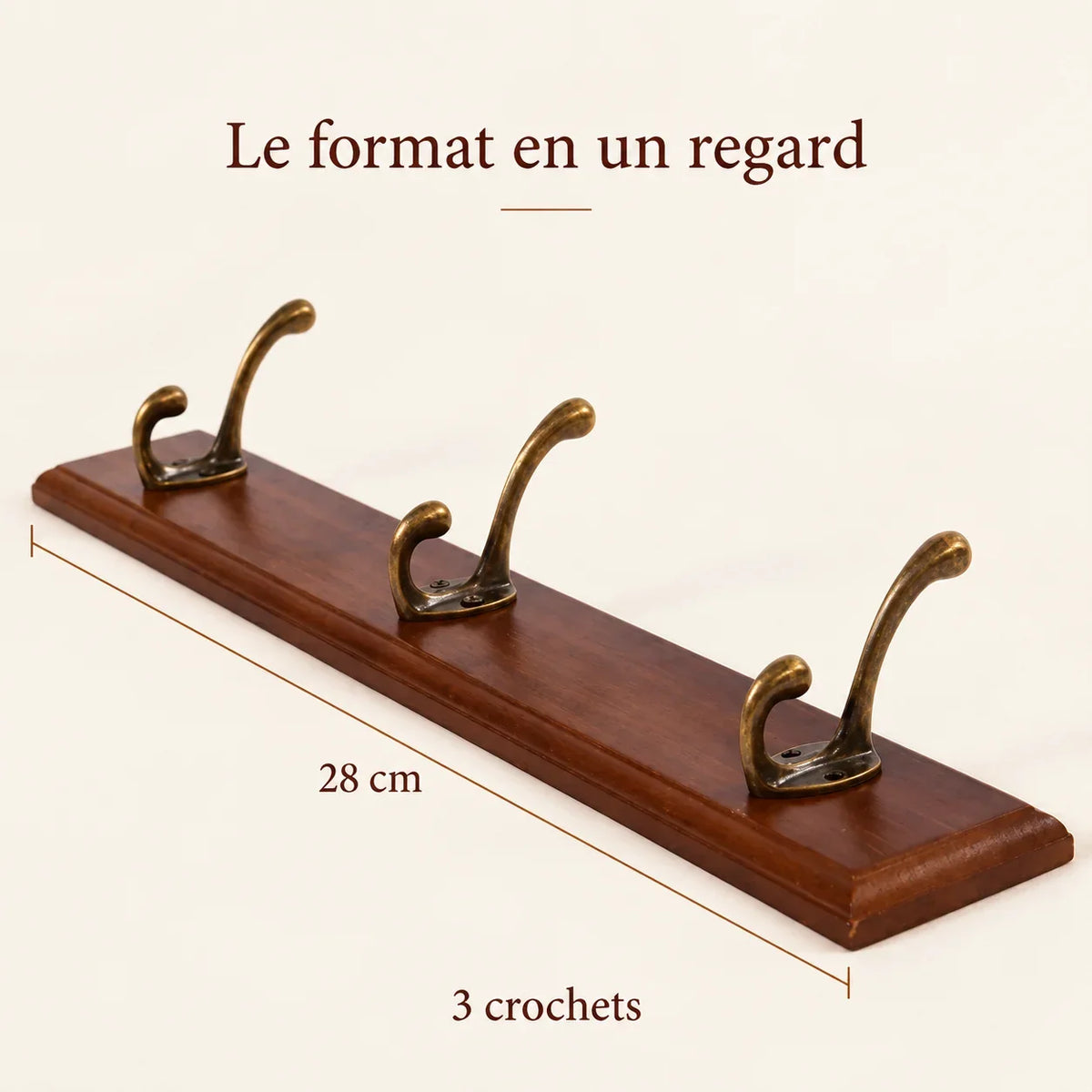 Porte-manteau mural en pin brun, 3 crochets, 28 cm : dimensions