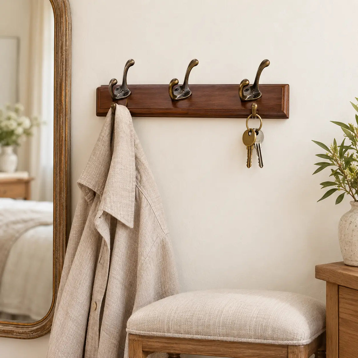 Porte-manteau mural en pin brun, 3 crochets, 28 cm : chambre