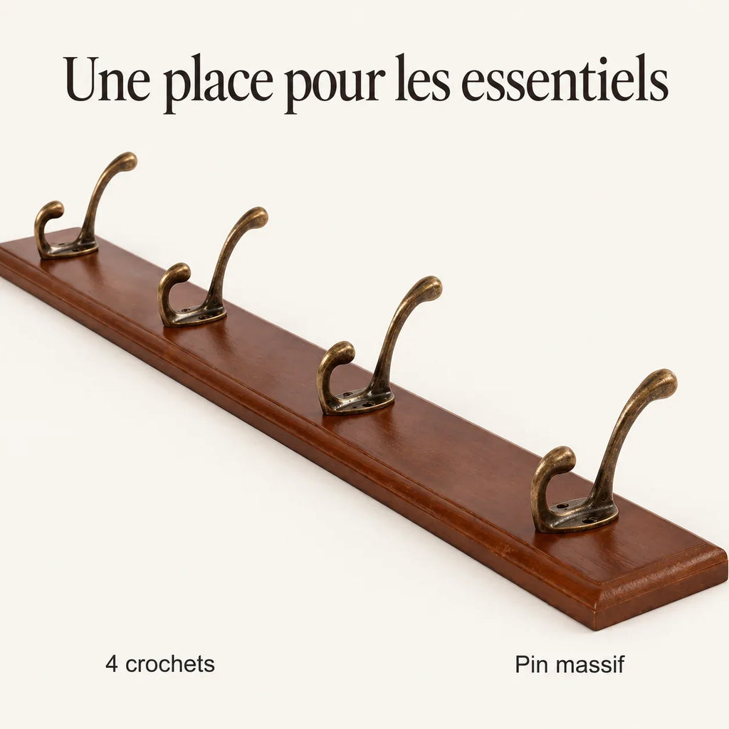 Porte-manteau mural en pin brun, 4 crochets, 38 cm : caracteristiques