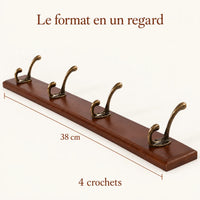 Porte-manteau mural en pin brun, 4 crochets, 38 cm : dimensions