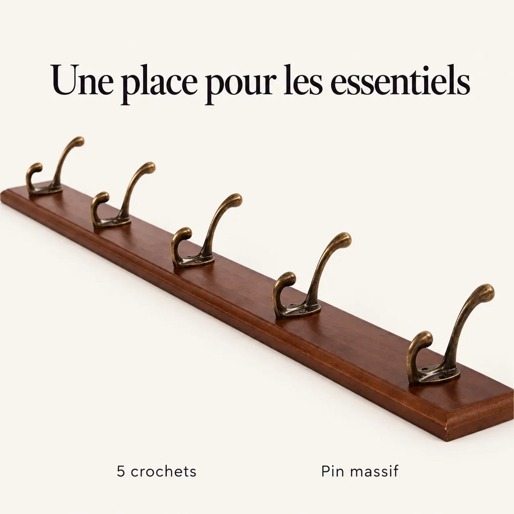 Porte-manteau mural en pin brun, 5 crochets, 48 cm : caracteristiques