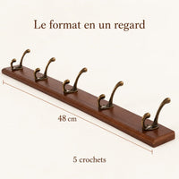 Porte-manteau mural en pin brun, 5 crochets, 48 cm : dimensions