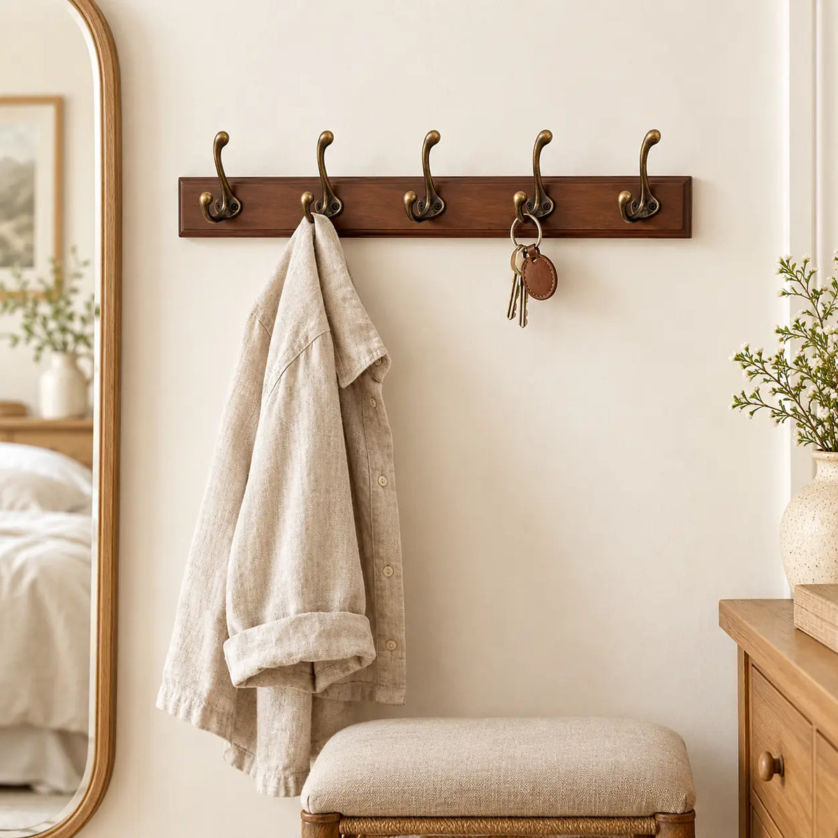 Porte-manteau mural en pin brun, 5 crochets, 48 cm : chambre