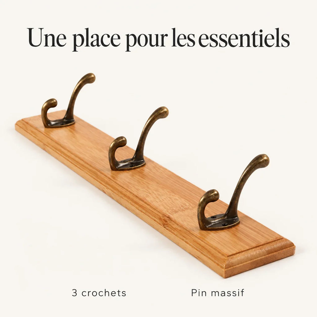 Porte-manteau mural en pin naturel, 3 crochets, 28 cm : caracteristiques