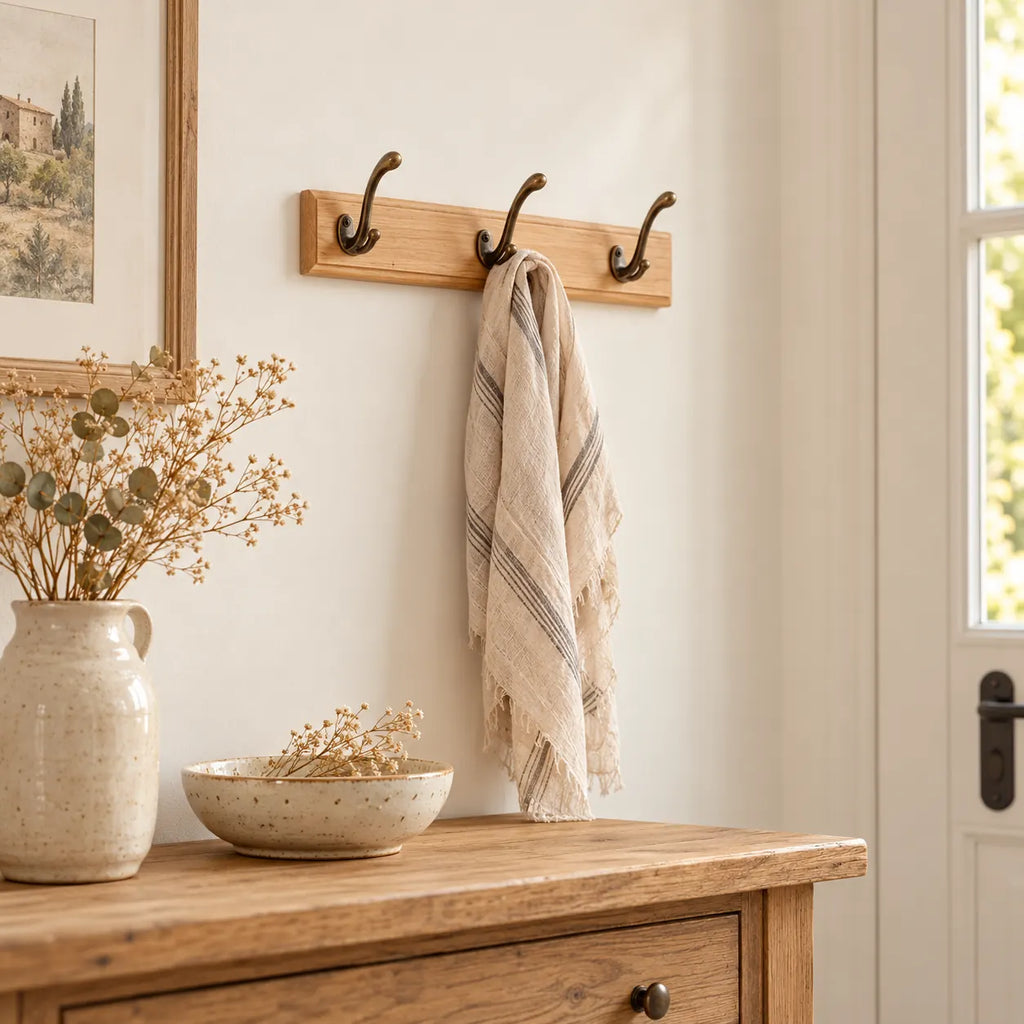 Porte-manteau mural en pin naturel, 3 crochets, 28 cm : entree