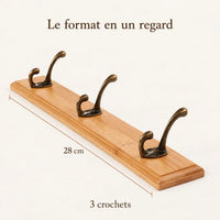 Porte-manteau mural en pin naturel, 3 crochets, 28 cm : dimensions
