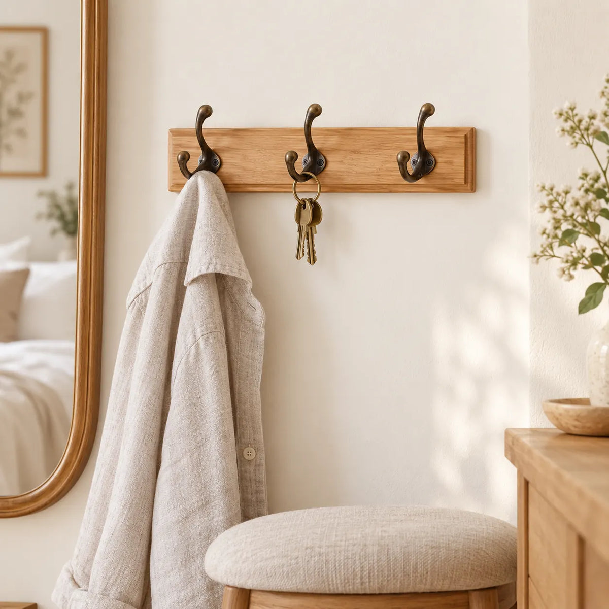 Porte-manteau mural en pin naturel, 3 crochets, 28 cm : chambre