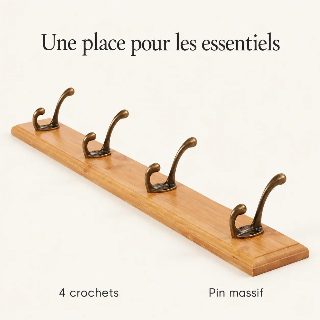 Porte-manteau mural en pin naturel, 4 crochets, 38 cm : caracteristiques