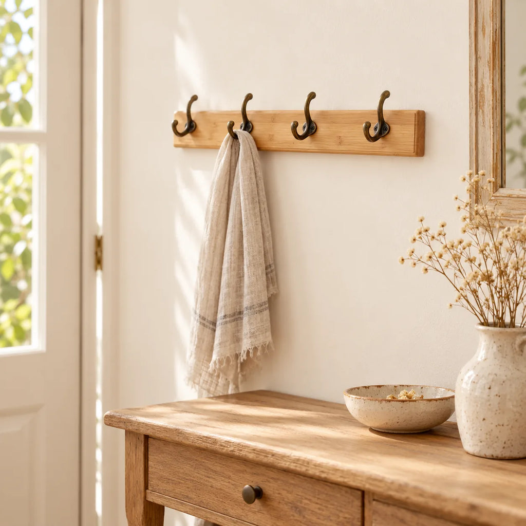 Porte-manteau mural en pin naturel, 4 crochets, 38 cm : entree