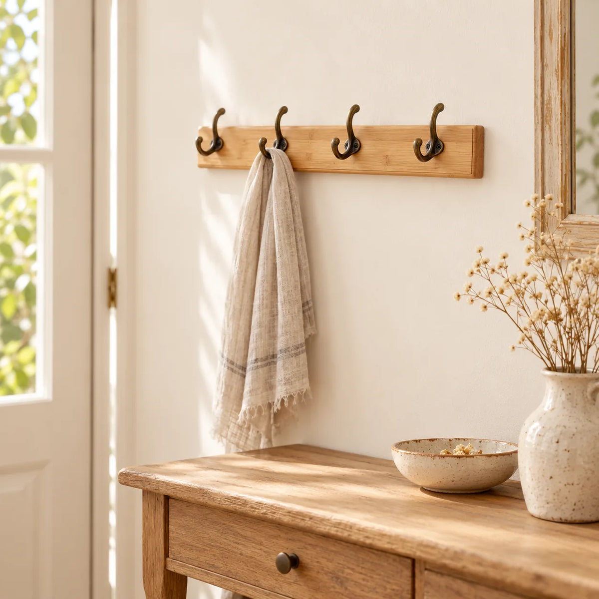 Porte-manteau mural en pin naturel, 4 crochets, 38 cm : entree