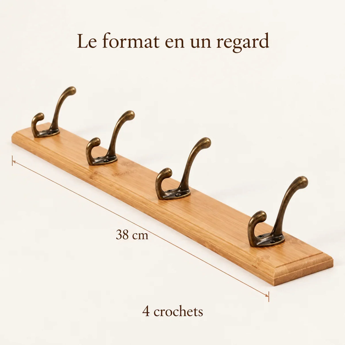 Porte-manteau mural en pin naturel, 4 crochets, 38 cm : dimensions