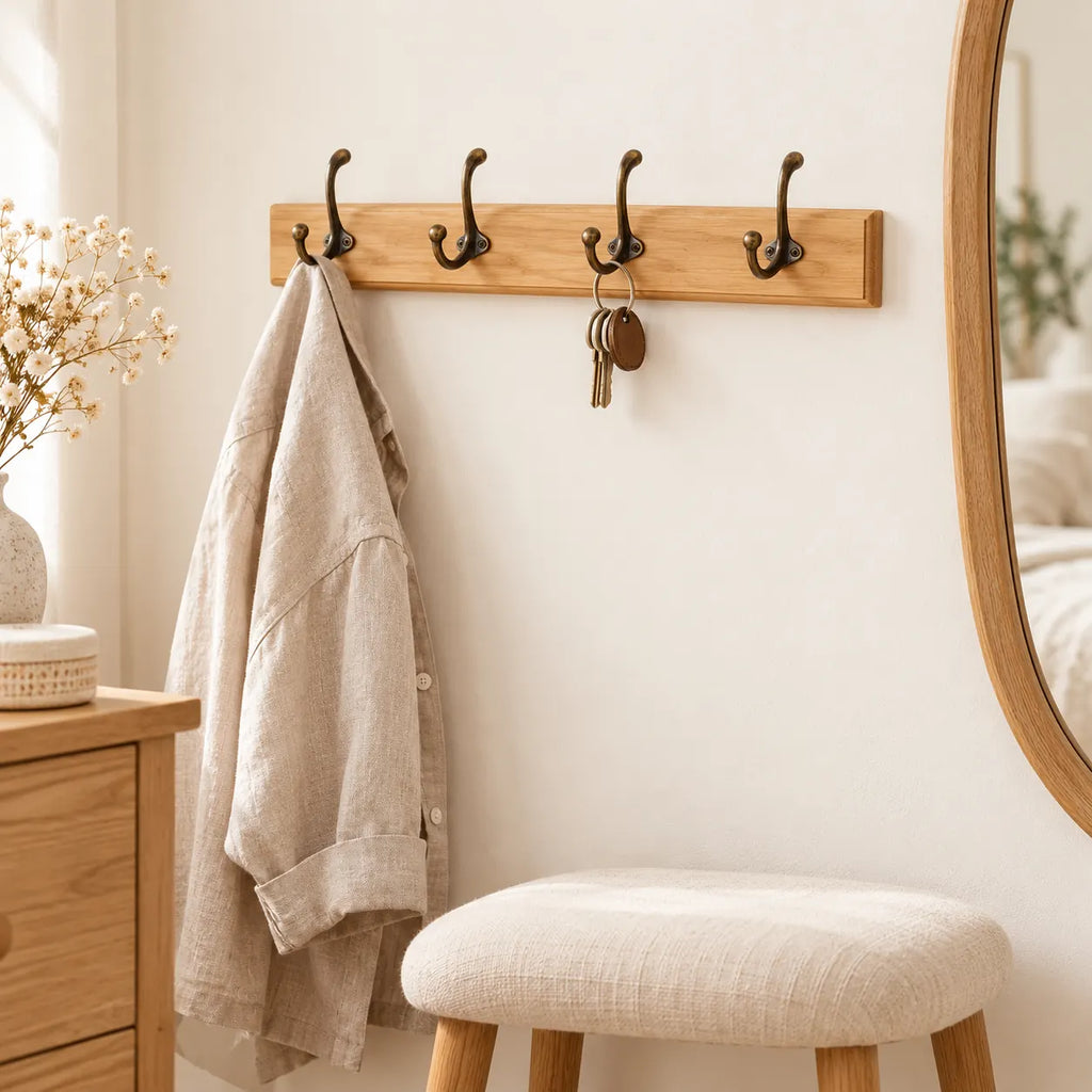 Porte-manteau mural en pin naturel, 4 crochets, 38 cm : chambre