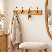 Porte-manteau mural en pin naturel, 4 crochets, 38 cm : chambre