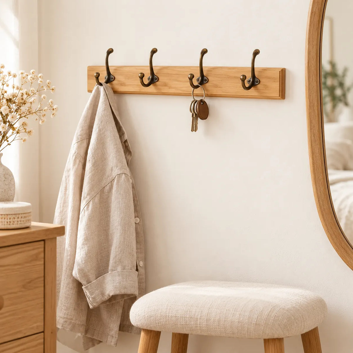 Porte-manteau mural en pin naturel, 4 crochets, 38 cm : chambre