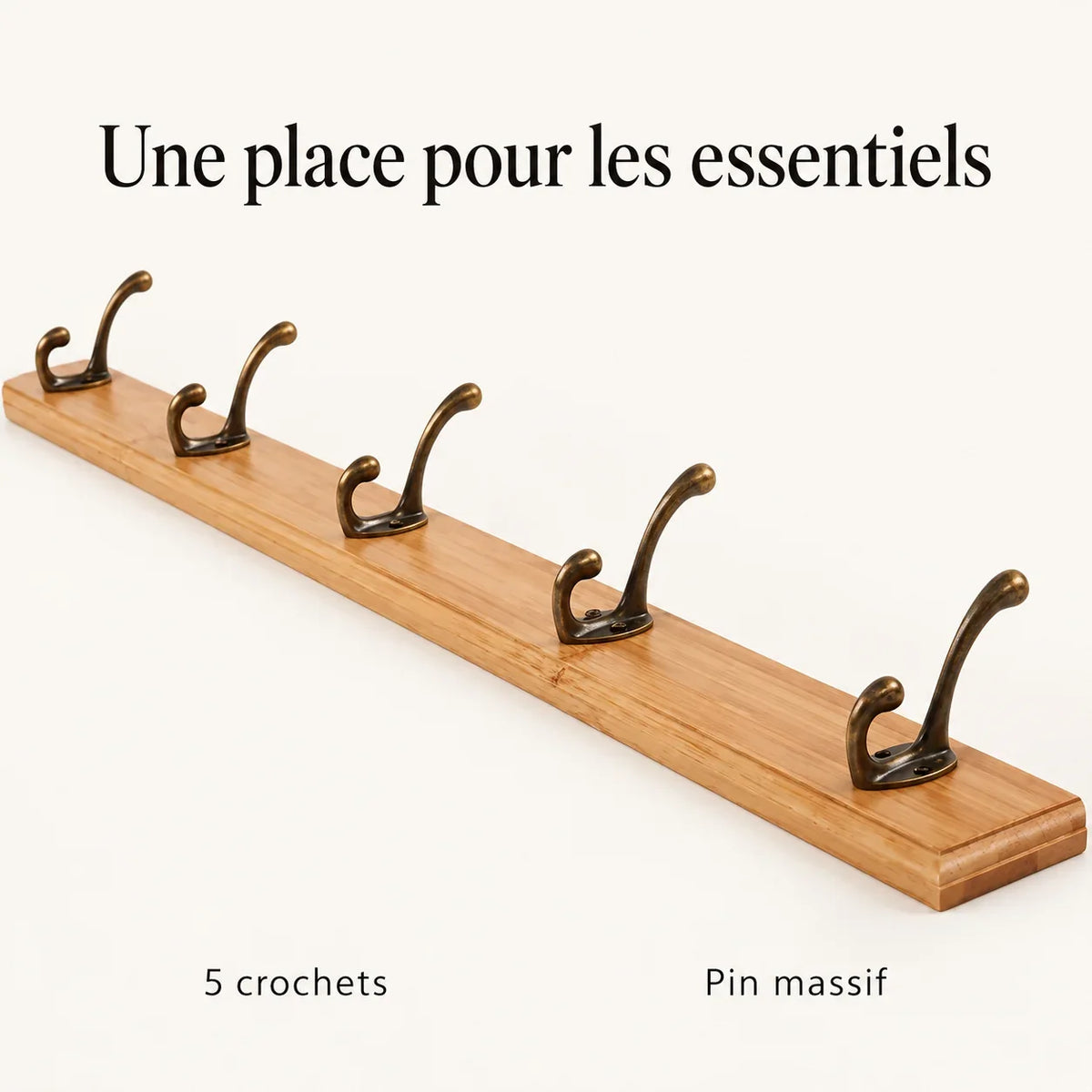 Porte-manteau mural en pin naturel, 5 crochets, 48 cm : caracteristiques
