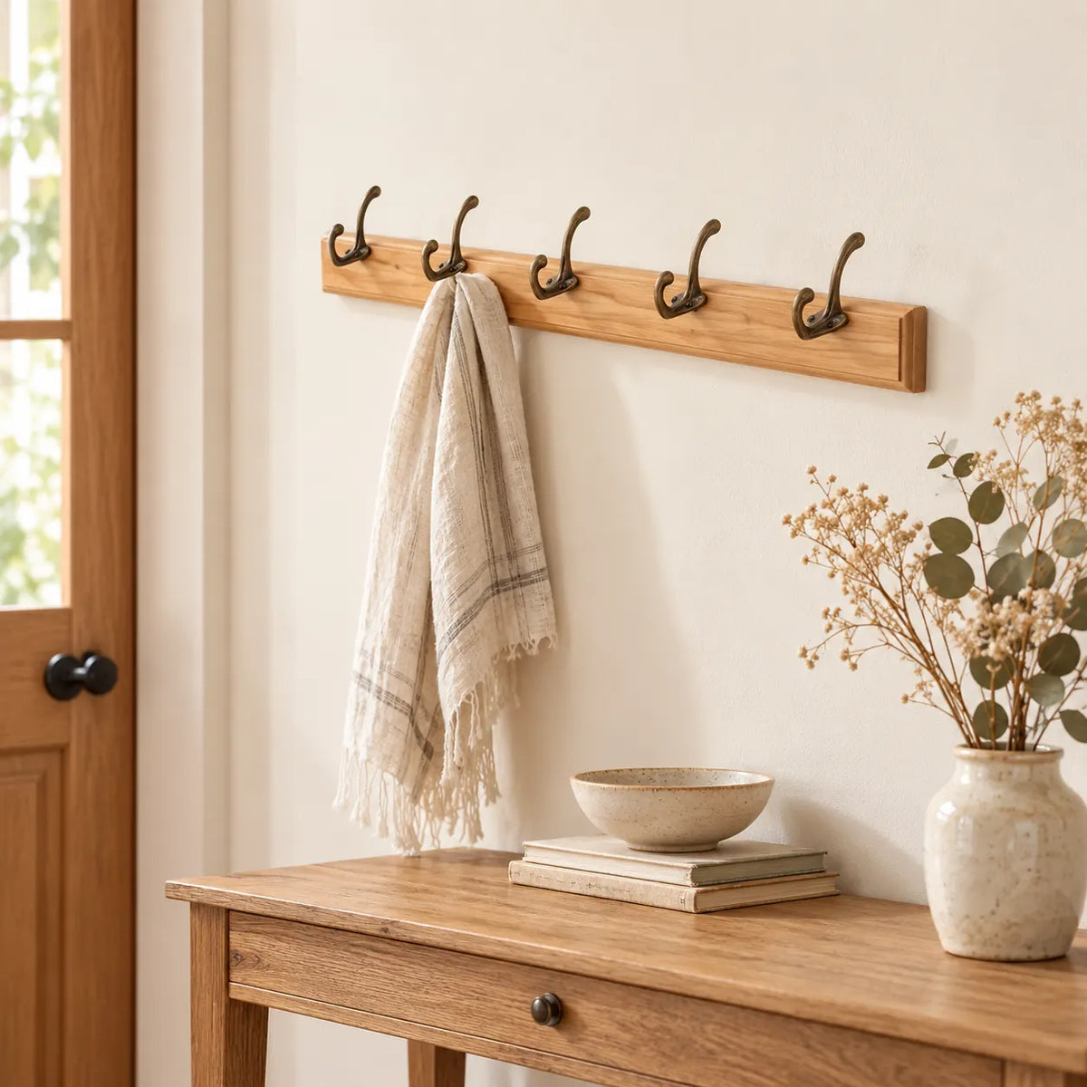 Porte-manteau mural en pin naturel, 5 crochets, 48 cm : entree