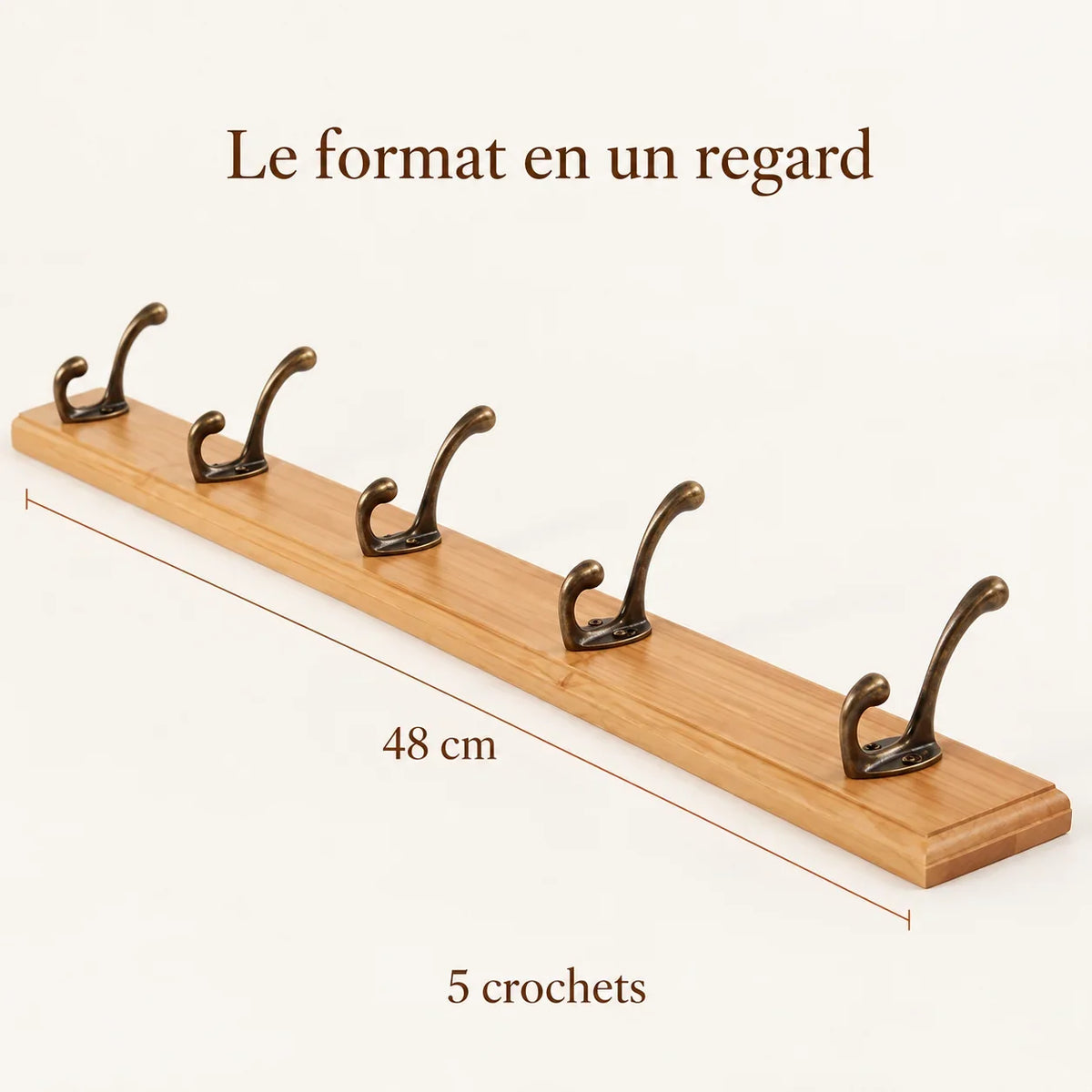 Porte-manteau mural en pin naturel, 5 crochets, 48 cm : dimensions