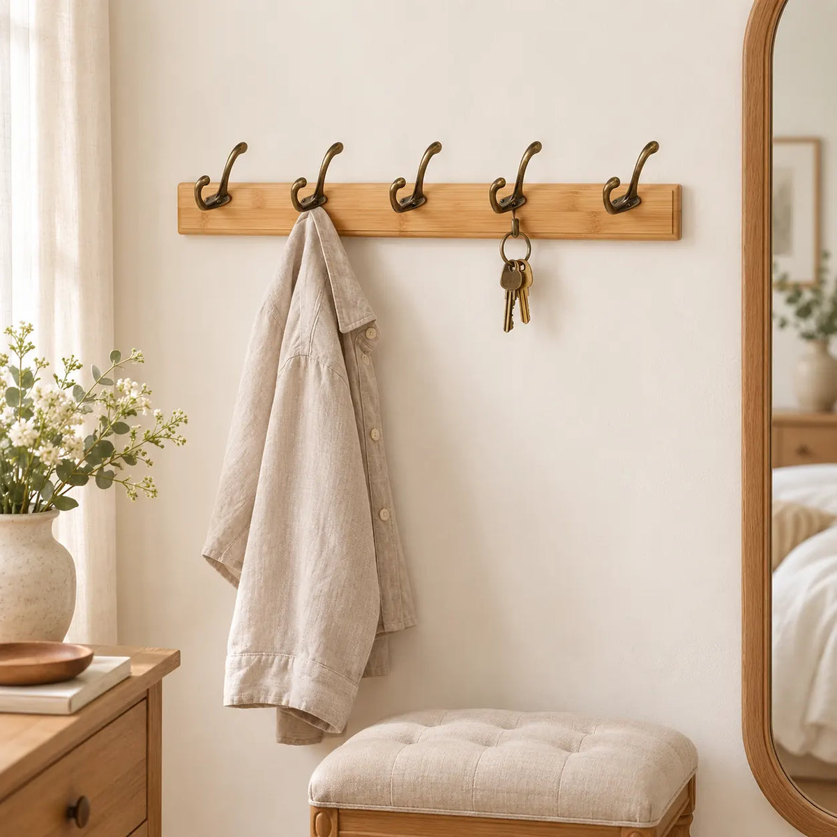 Porte-manteau mural en pin naturel, 5 crochets, 48 cm : chambre