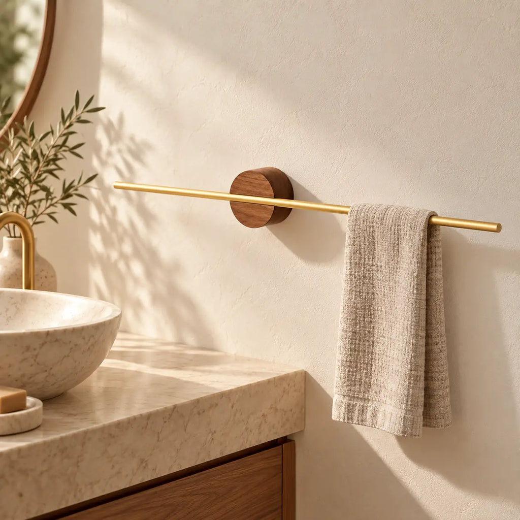 Porte-serviettes mural noyer et aluminium doré 40 cm : salle de bain (mise en scène illustrative)