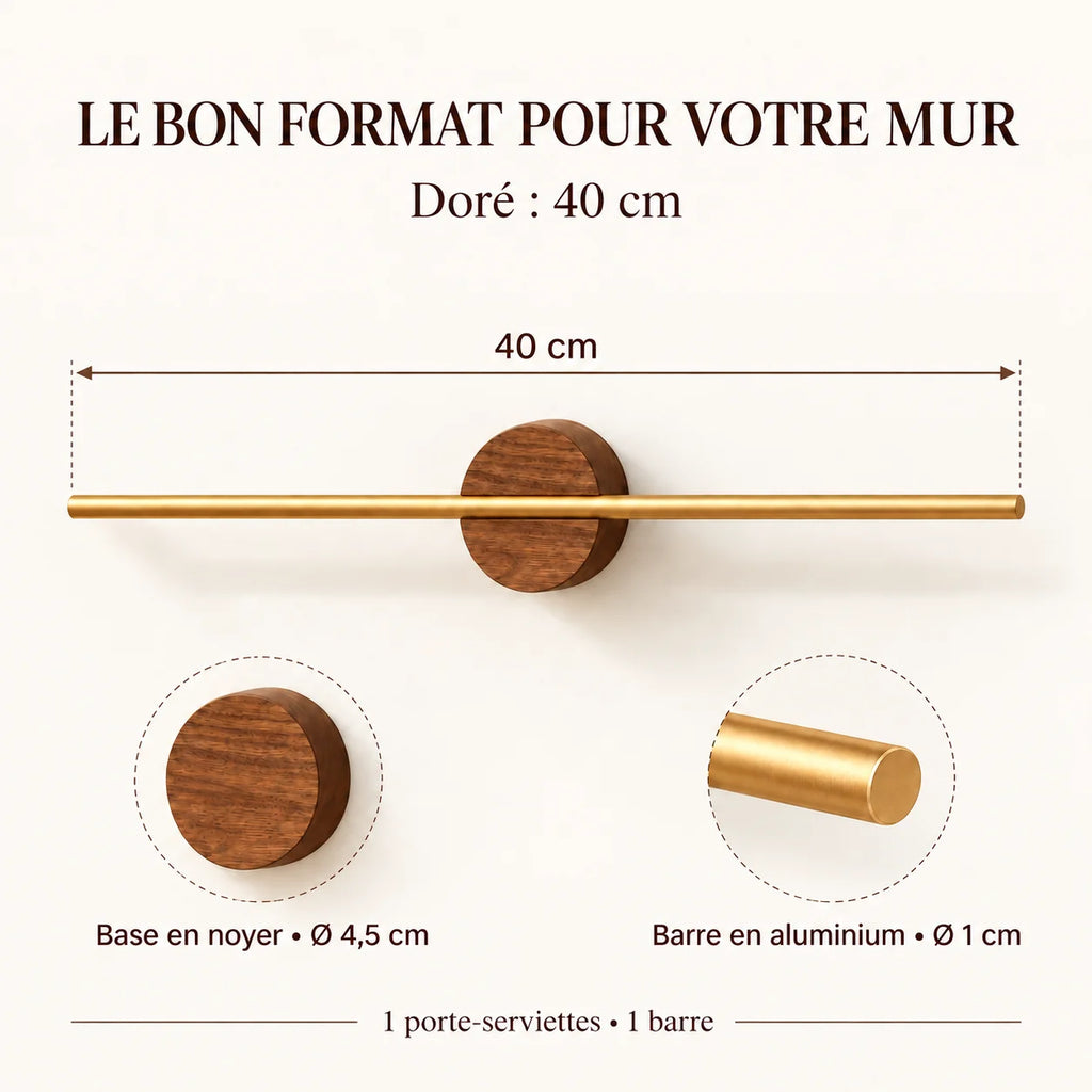 Porte-serviettes mural noyer et aluminium doré 40 cm : dimensions cotées 40 cm, base diamètre 4,5 cm et barre diamètre 1 cm
