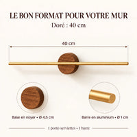 Porte-serviettes mural noyer et aluminium doré 40 cm : dimensions cotées 40 cm, base diamètre 4,5 cm et barre diamètre 1 cm