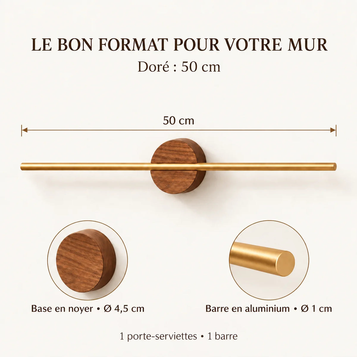 Porte-serviettes mural noyer et aluminium doré 50 cm : dimensions cotées 50 cm, base diamètre 4,5 cm et barre diamètre 1 cm