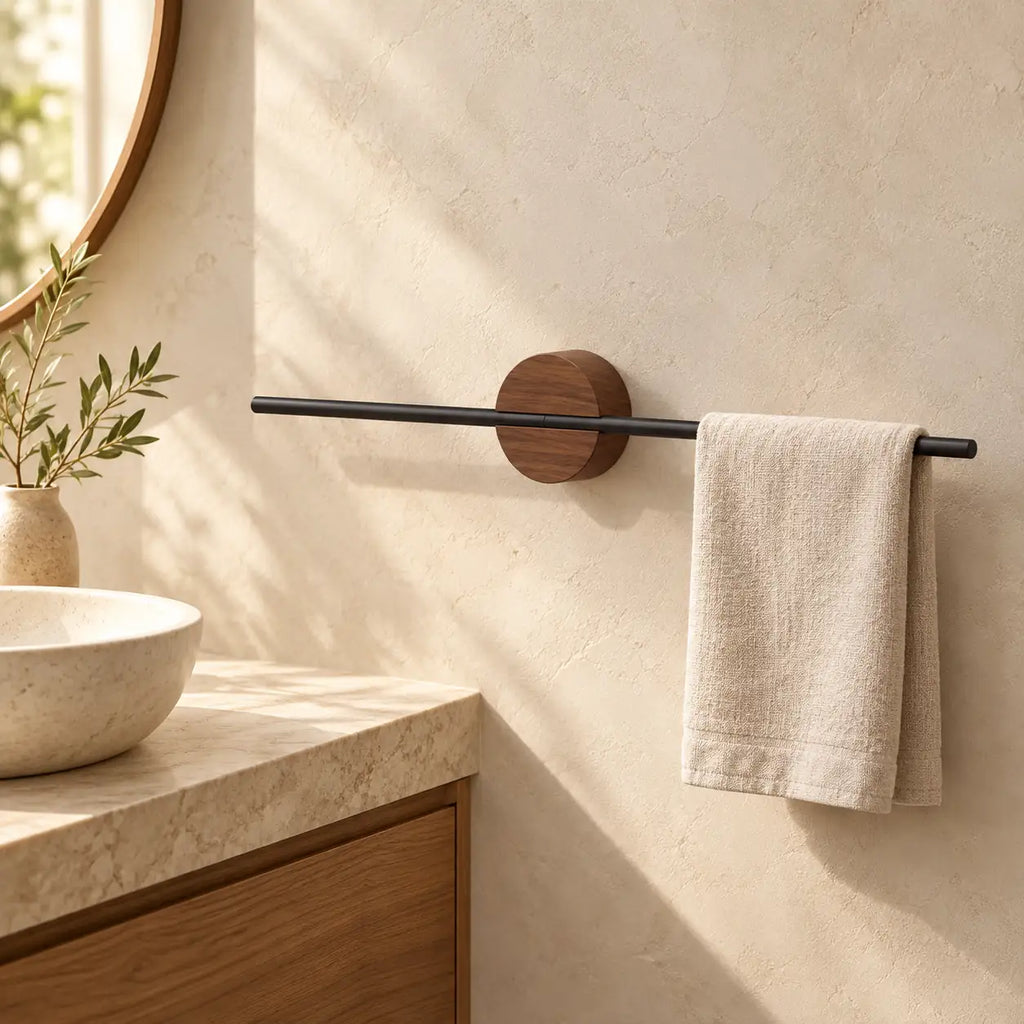 Porte-serviettes mural noyer et aluminium noir 40 cm : salle de bain (mise en scène illustrative)