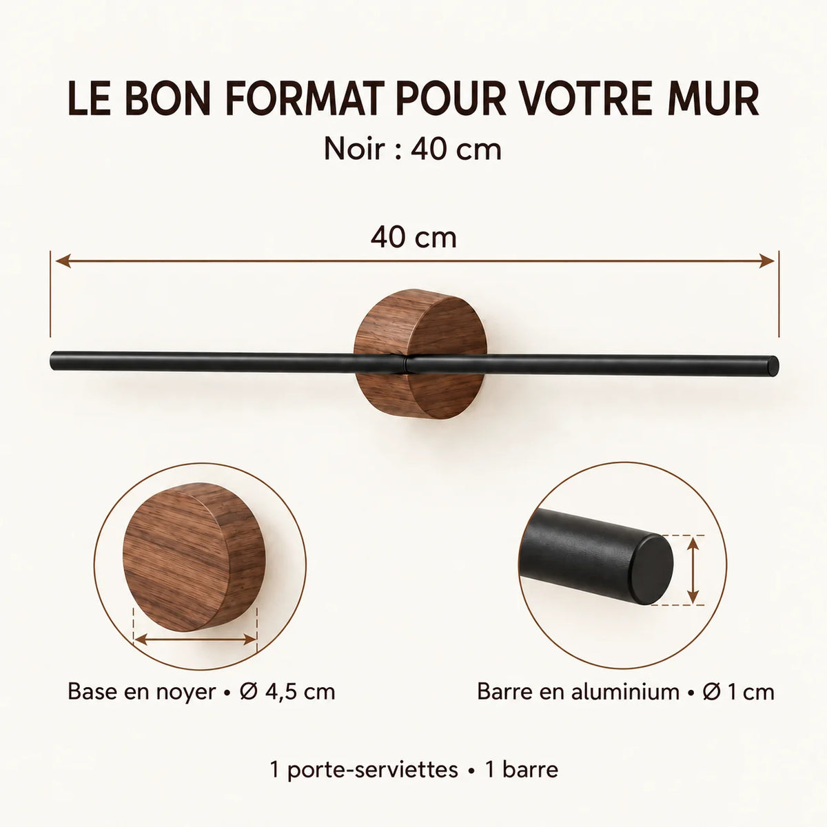 Porte-serviettes mural noyer et aluminium noir 40 cm : dimensions cotées 40 cm, base diamètre 4,5 cm et barre diamètre 1 cm