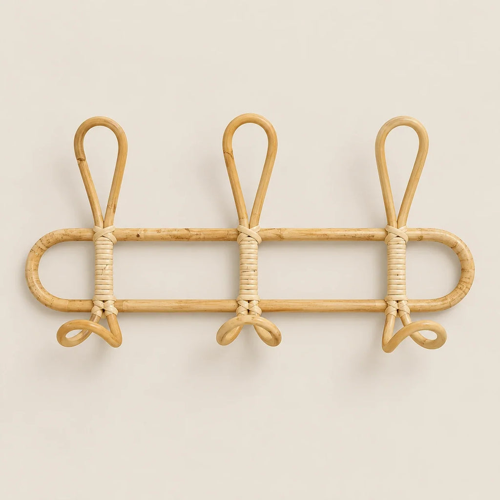 Porte-manteau mural en rotin naturel, 3 crochets, 40 × 20 cm