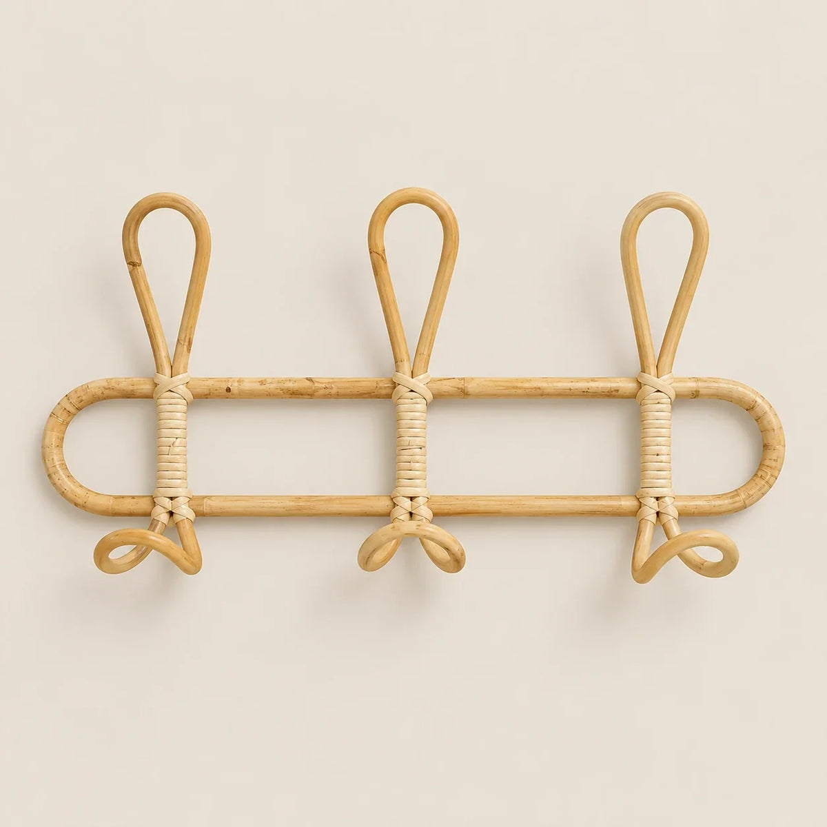 Porte-manteau mural en rotin naturel, 3 crochets, 40 × 20 cm