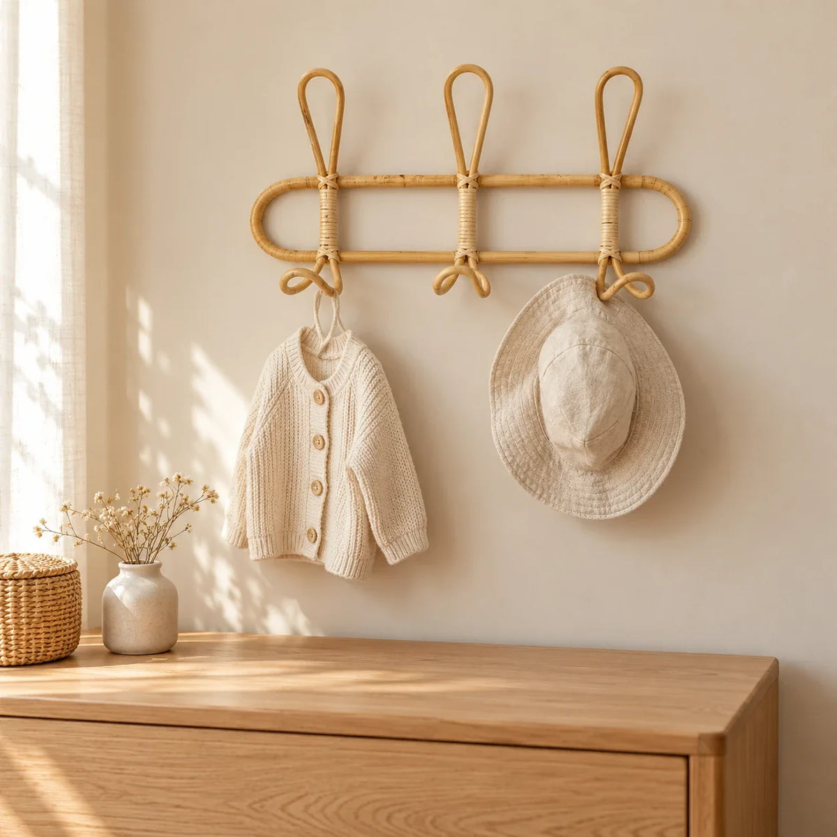Mise en situation du porte-manteau 3 crochets dans une chambre, accessoires non inclus Image