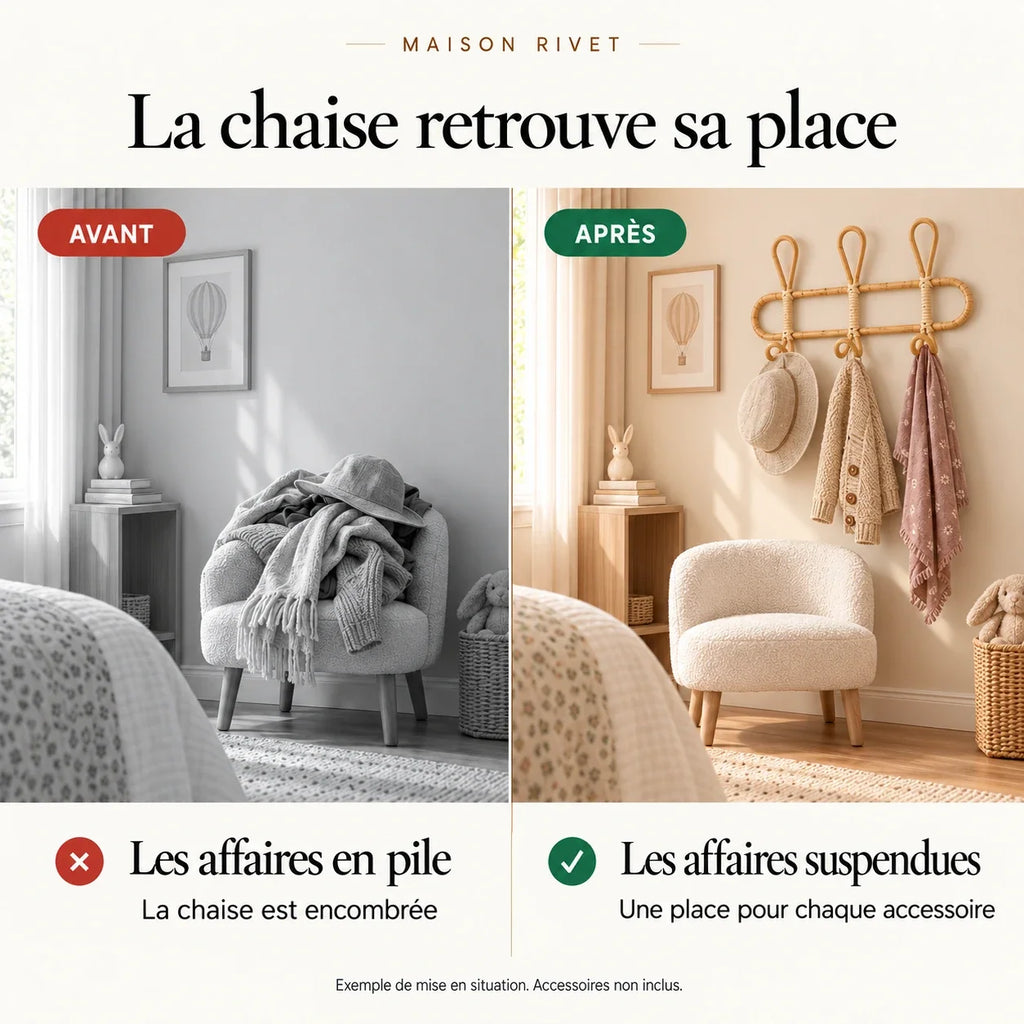 Exemple avant après avec le porte-manteau en rotin 3 crochets
