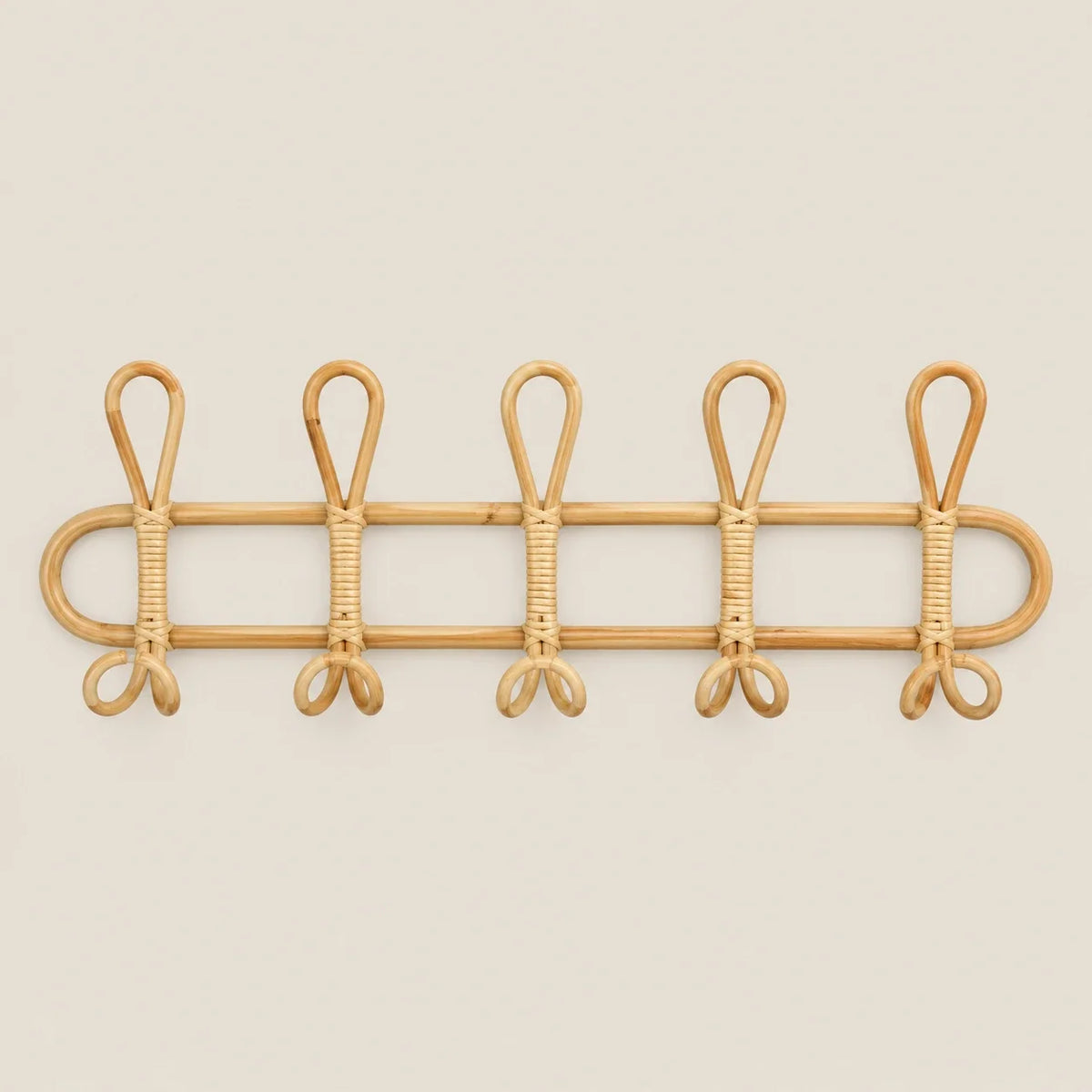 Porte-manteau mural en rotin naturel, 5 crochets, 58 × 20 cm