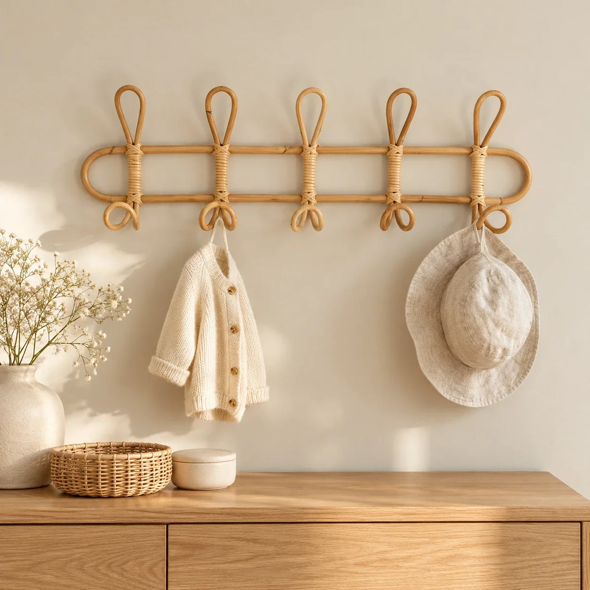 Mise en situation du porte-manteau 5 crochets dans une chambre, accessoires non inclus