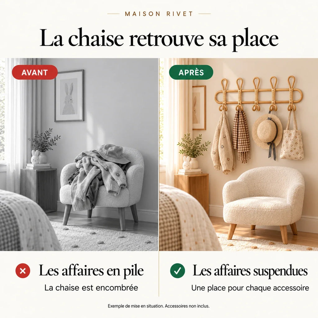Exemple avant après avec le porte-manteau en rotin 5 crochets