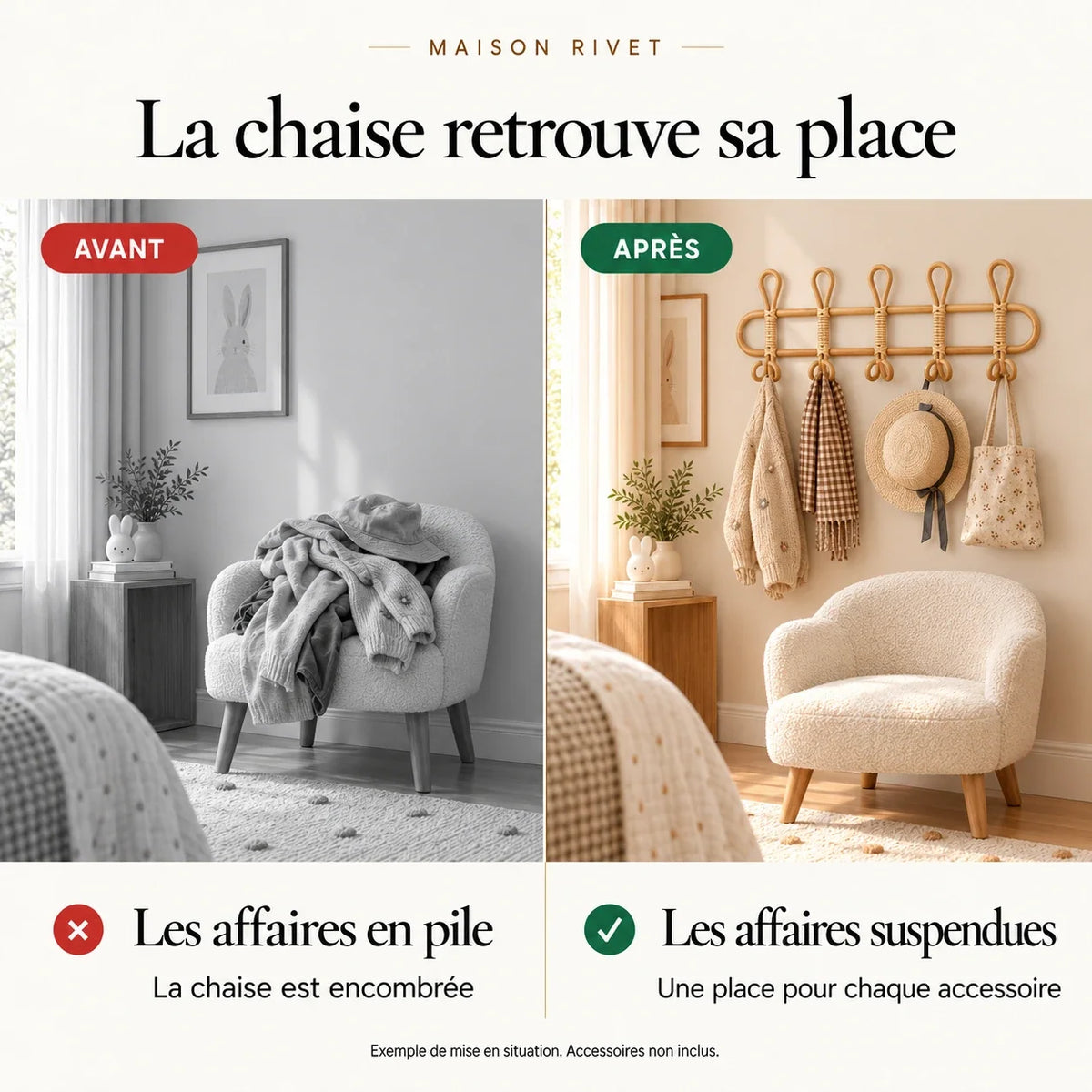 Exemple avant après avec le porte-manteau en rotin 5 crochets