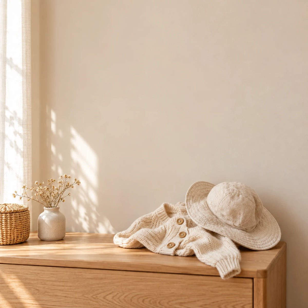 Illustration avant rangement : cardigan et chapeau sur une commode, famille porte-manteau rotin