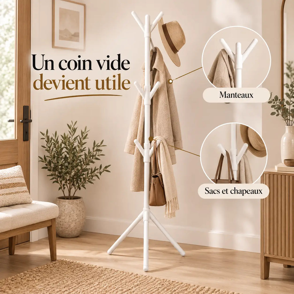 Porte-manteau sur pied blanc 9 crochets arbre - utilisation dans une entrée