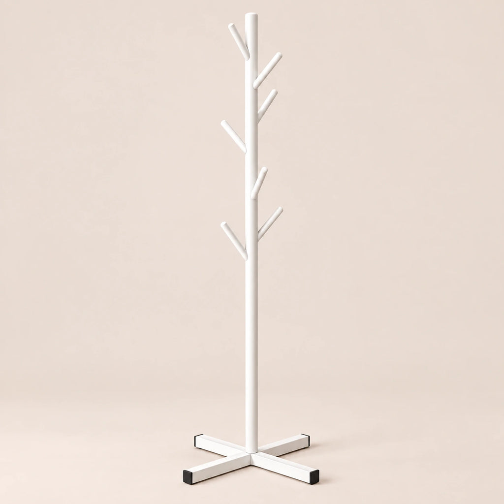 Porte-manteau sur pied blanc arbre 8 crochets - vue principale sur fond beige