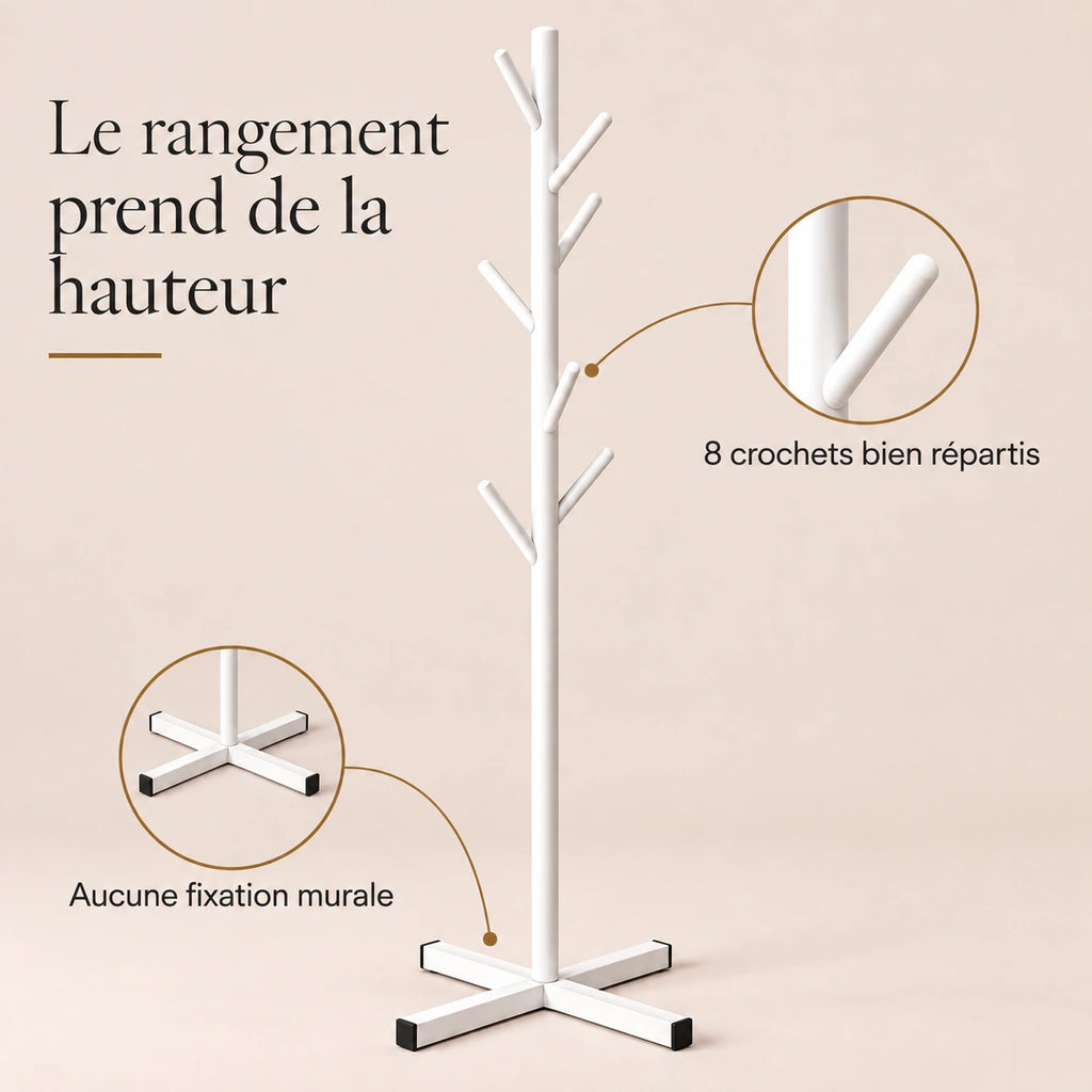 Porte-manteau sur pied blanc arbre 8 crochets - bénéfices et organisation