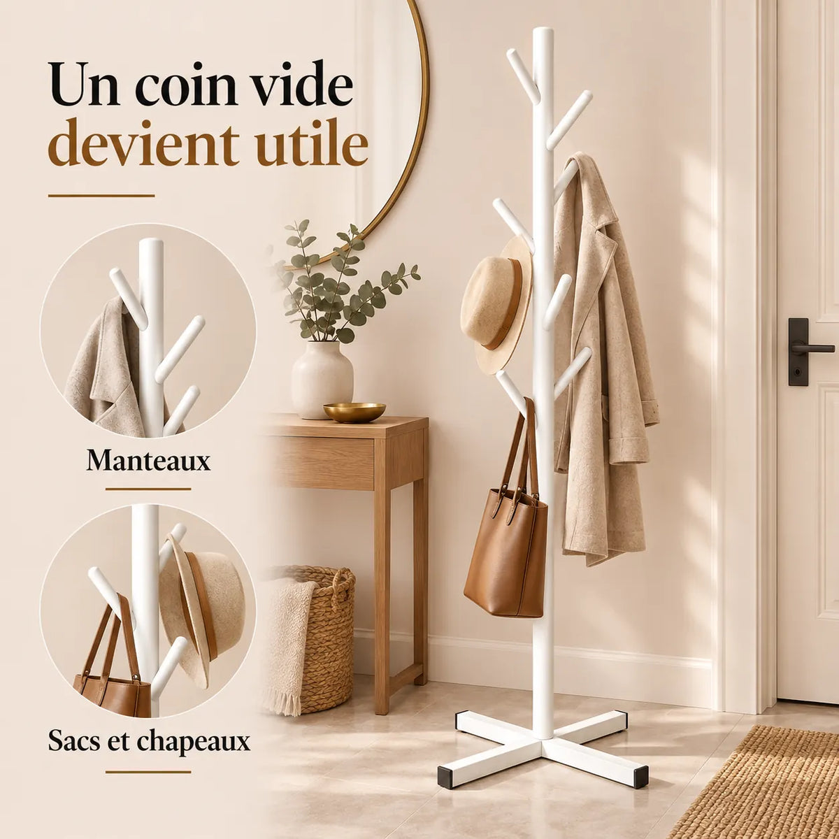 Porte-manteau sur pied blanc arbre 8 crochets - utilisation dans une entrée