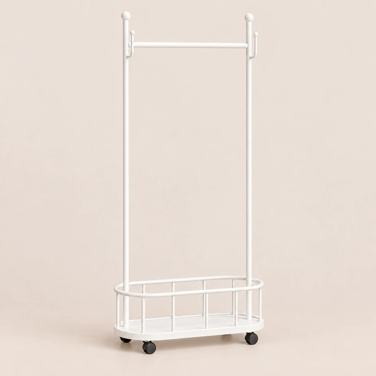 Porte-manteau sur pied métal blanc 60 cm - portant à roulettes - vue principale sur fond beige